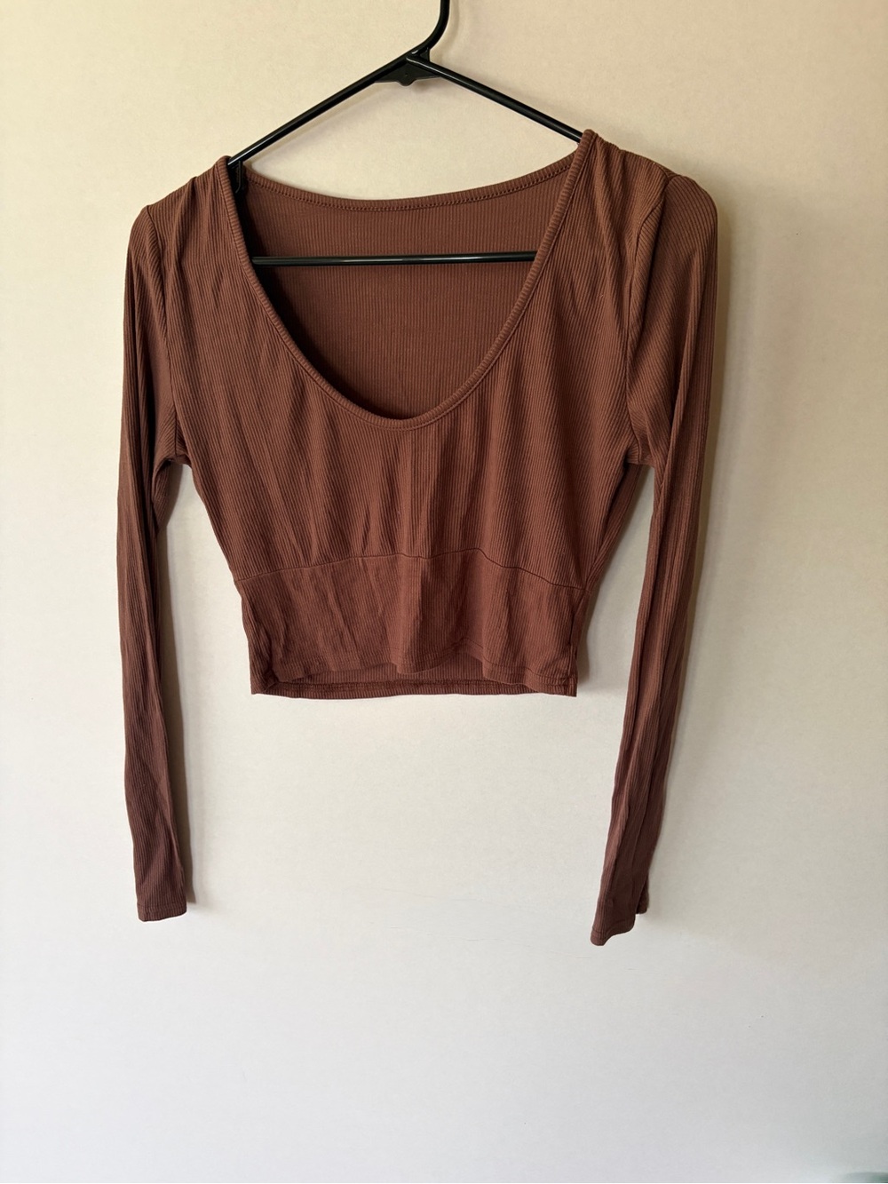 SHEIN Brown Ribbed Long Sleeve Scoop Crop Top